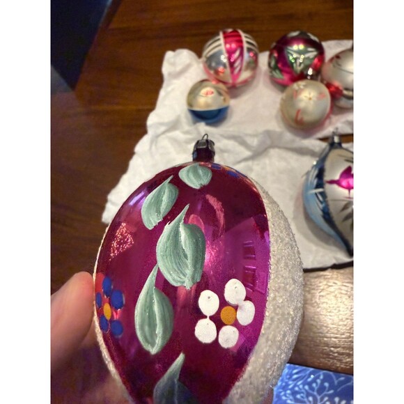 9 Vtg Mid Century Christmas Ornaments Hand Painted Mica Stripes Teardrop Ball Lo - Picture 9 of 16